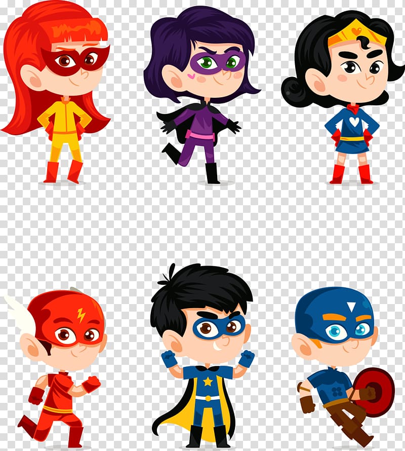 six children Super Heroes illustrations, Clark Kent Superhero Cartoon , hand-painted cartoon superhero transparent background PNG clipart