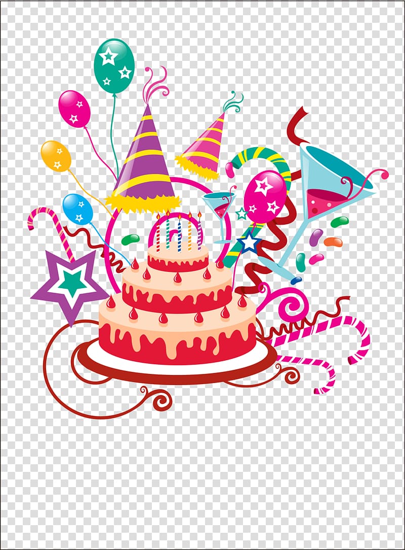 birthday cake, balloons, and horn lot illustration, Birthday cake Cartoon , birthday card transparent background PNG clipart