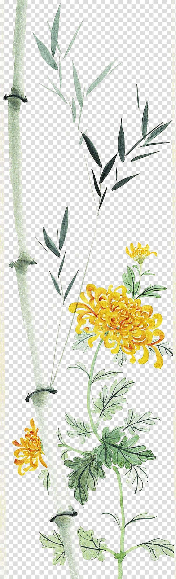 Chrysanthemum Bamboo Chinese painting Leaf, Bamboo leaves and chrysanthemums, yellow petaled flower sketch transparent background PNG clipart
