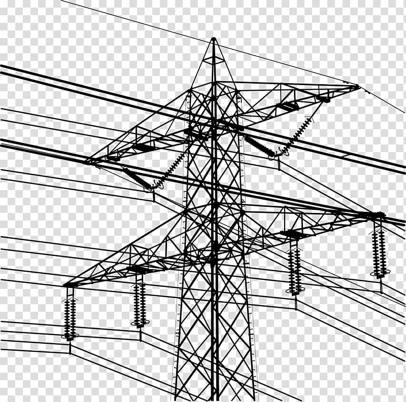 black utility electric tower illustration, Electricity Overhead power line Electric power transmission Transmission tower, High voltage tower transparent background PNG clipart