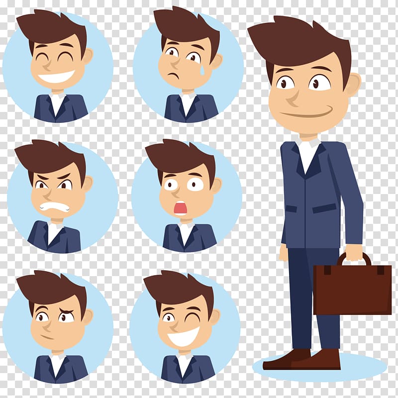 man holding brown attache case illustration, Character Cartoon Illustration, businessman face and tie transparent background PNG clipart