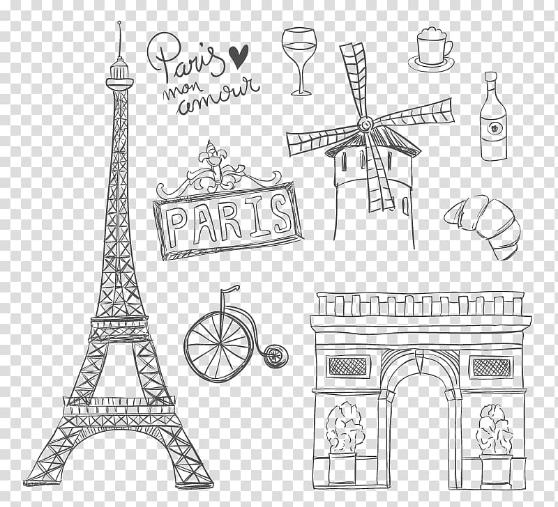 Paris attractions illustration, Paris Euclidean Drawing, Hand-painted Paris transparent background PNG clipart