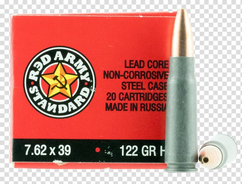 7.62×39mm Full metal jacket bullet Red Army Standard Ammunition Cartridge, ammunition transparent background PNG clipart