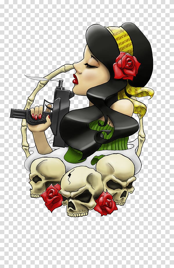 black haired woman holding black gun illustration, Sleeve tattoo Flash Drawing T-shirt, tatto transparent background PNG clipart