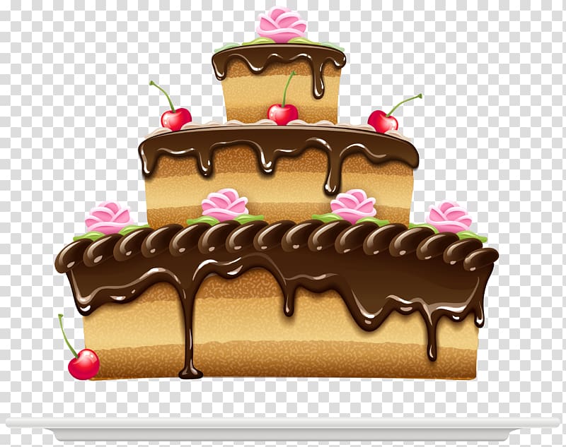 3-tier chocolate cake with cherries illustration, Birthday cake Chocolate cake Cream, Cake transparent background PNG clipart