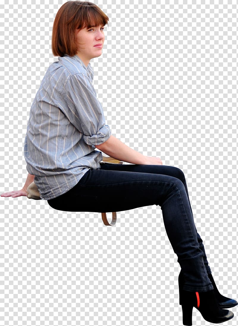 woman wearing white and blue striped dress shirt and black denim jeans illustration, Sitting Drawing Woman , sitting man transparent background PNG clipart