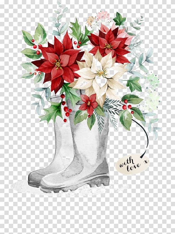 pair of boots with red and white poinsettias illustration, Christmas card Christmas gift , Hand-painted boots safflower transparent background PNG clipart