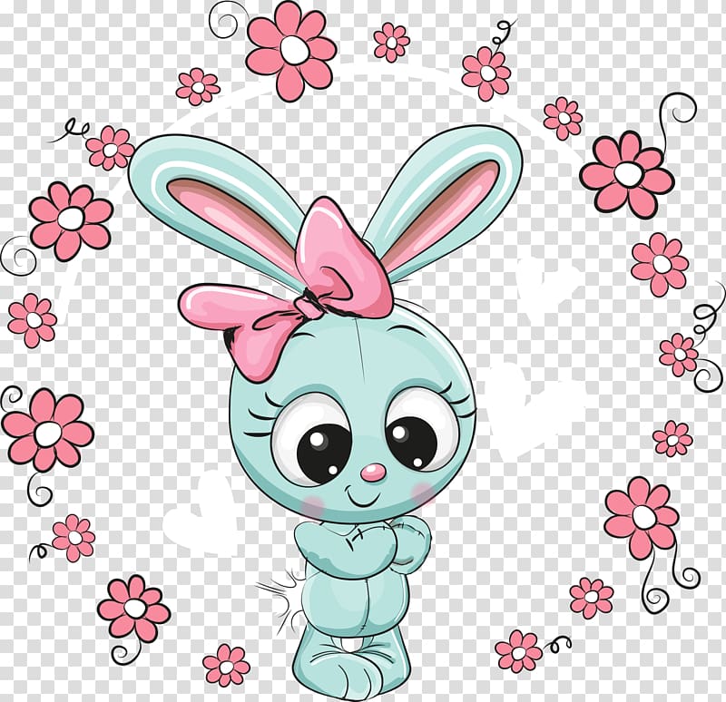 blue rabbit with bow accent , Cuteness Girl , cartoon rabbit with garland transparent background PNG clipart