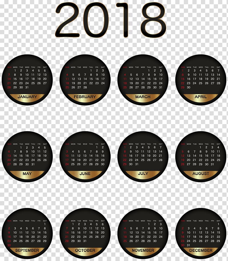 2018 year calendar, Calendar , 2018 Calendar Black Gold transparent background PNG clipart
