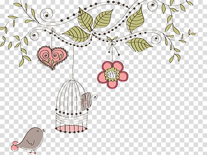 multicolored flowers and bird cage illustration, , Birds and birdcages transparent background PNG clipart