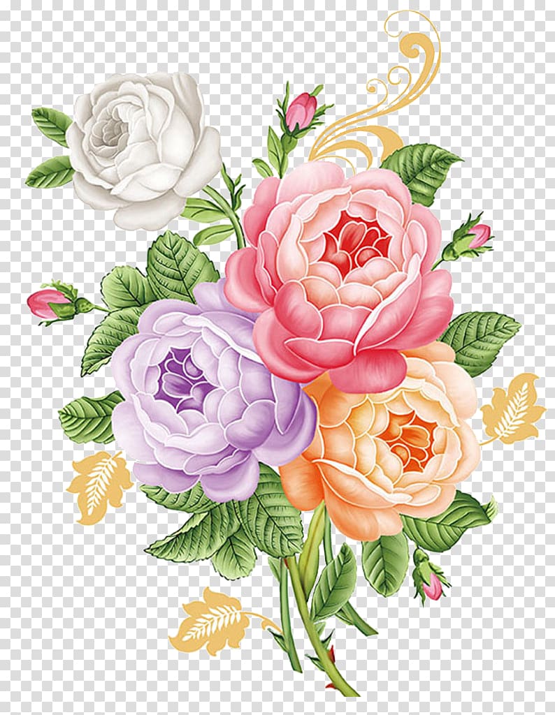 four variety of color flowers , Moutan peony Garden roses, Hand colored peony transparent background PNG clipart