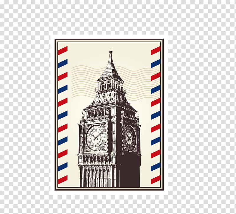 Elizabeth Tower, London postage, London Paris Postage stamp Postcard, Vintage British stamp transparent background PNG clipart