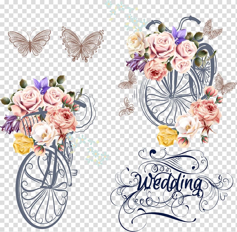 pink and red rose illustration, Wedding invitation Bicycle Flower, bicycle transparent background PNG clipart