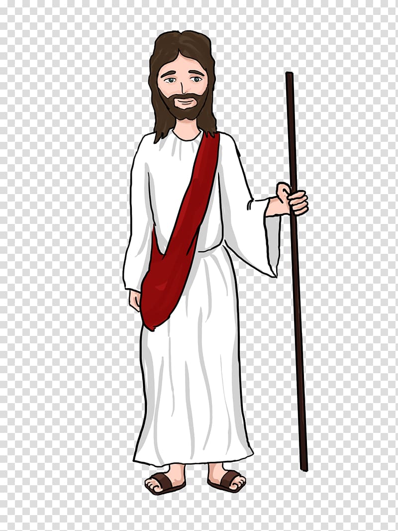 man in white robe holding stick, Miracles of Jesus Cartoon Depiction of Jesus , Jesus Christ Cartoon transparent background PNG clipart