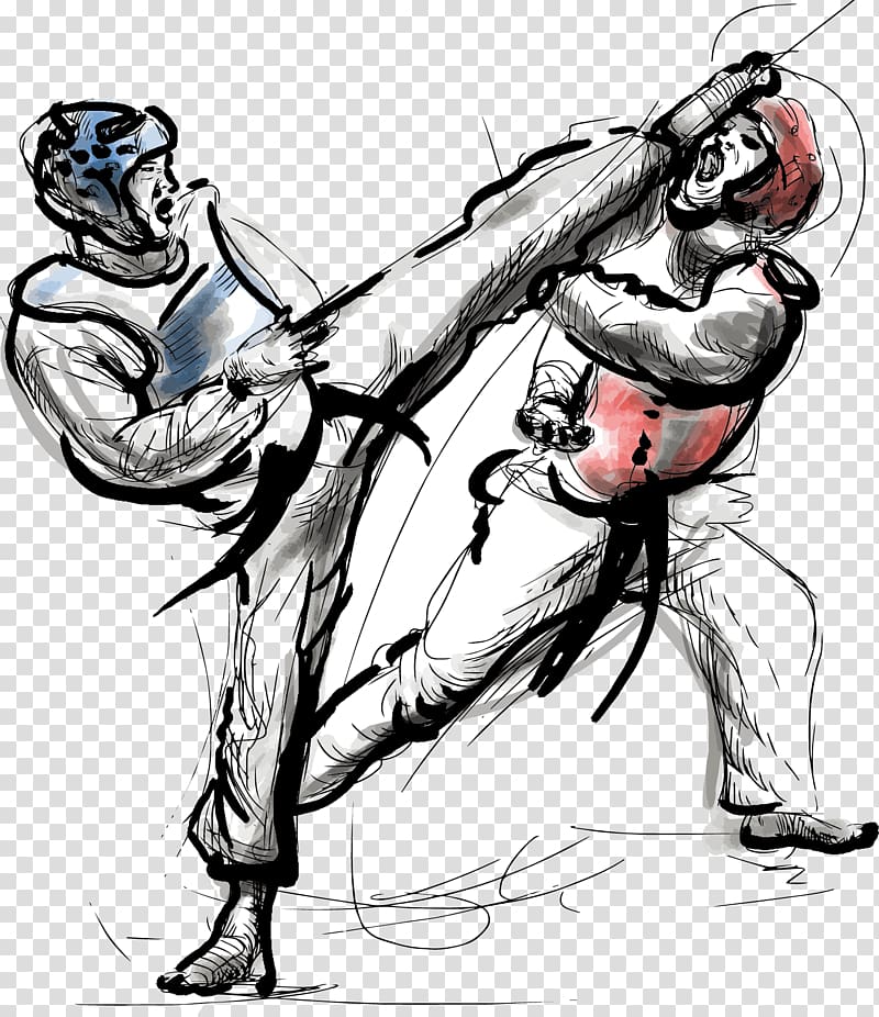 to men fighting illustration, Taekwondo Drawing Euclidean Illustration, Fighting transparent background PNG clipart