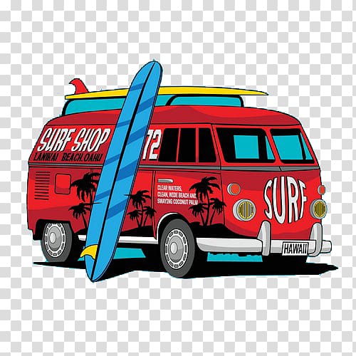 red minibus and blue surfboard illustration, Cartoon car transparent background PNG clipart
