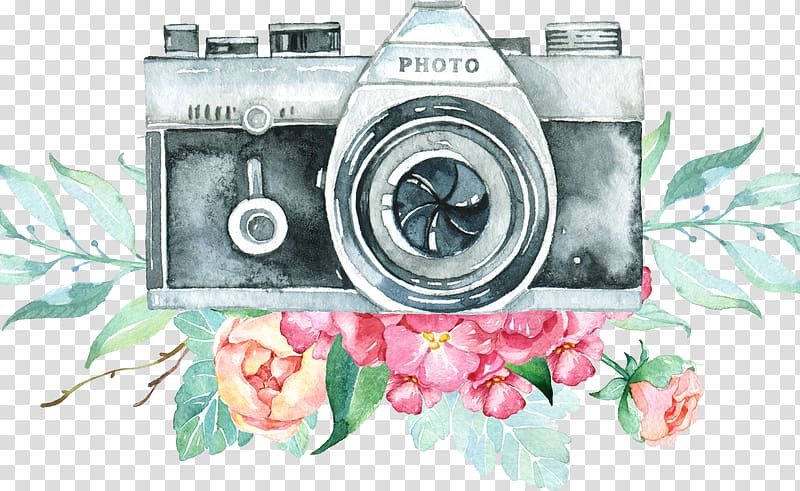 gray and black camera and pink flowers art, Logo Watercolor painting , old recording camera transparent background PNG clipart