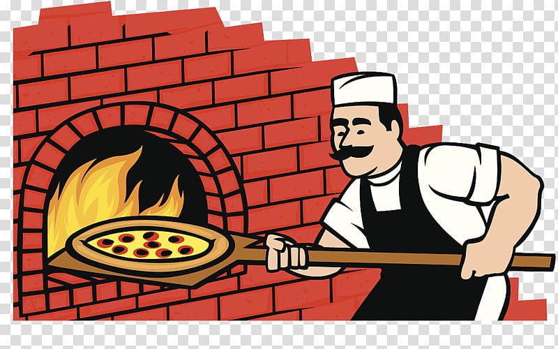 man holding pizza spatula, Pizza Italian cuisine Wood-fired oven Masonry oven , The red brick fireplace with illustrations transparent background PNG clipart