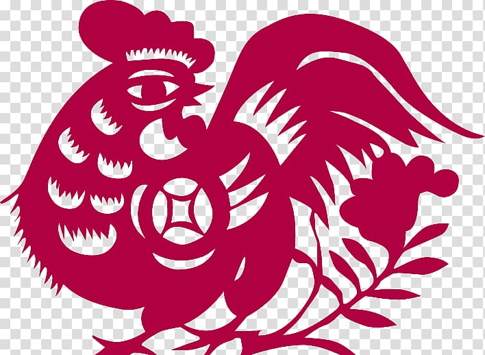 Chicken Papercutting Rooster, Red Chinese wind cock decoration pattern transparent background PNG clipart