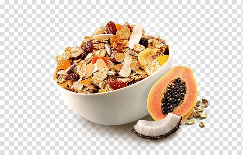 cereal on white bowl beside papaya fruit, Muesli Breakfast cereal The Jordans & Ryvita Company Granola, Cereals transparent background PNG clipart