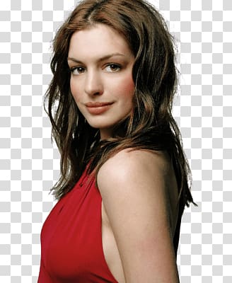 smiling woman wearing red halter top, Anne Hathaway Side View transparent background PNG clipart