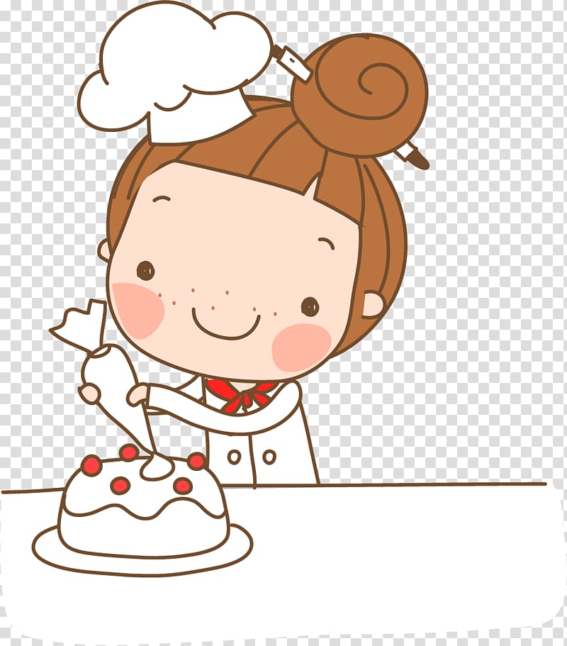 woman designing cake illustration, Carrot cake Pancake Cooking Dessert, Cartoon hand painted cake girl transparent background PNG clipart