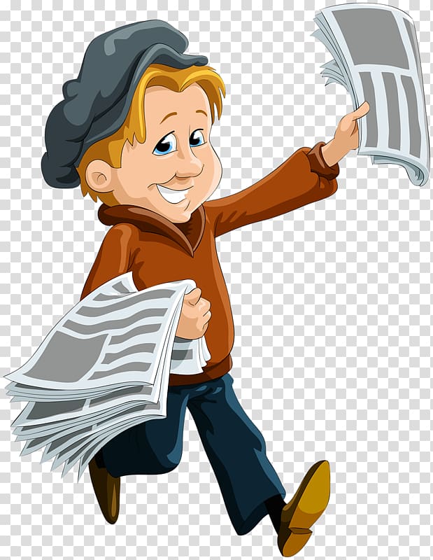 boy holding newspapers illustration, Paperboy Newspaper , Children selling newspapers transparent background PNG clipart