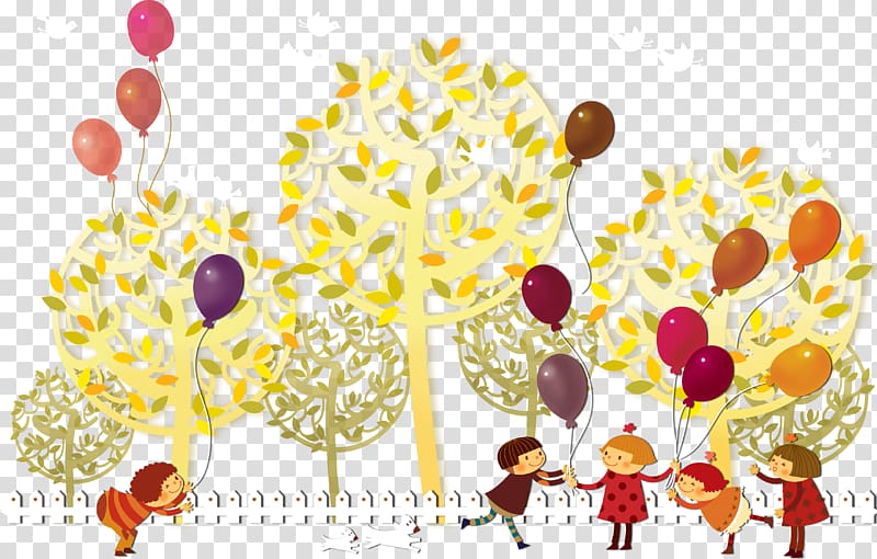 Cartoon Floral design Illustration, Children playing with balloons cartoon transparent background PNG clipart