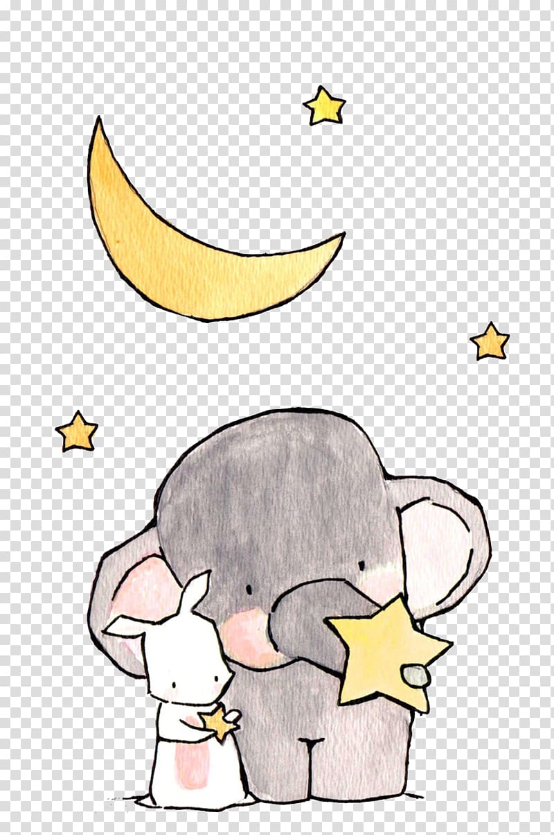 elephant and rabbit under crescent moon illustration, Elephant Drawing Cartoon Illustration, The Elephant and the White Rabbit transparent background PNG clipart