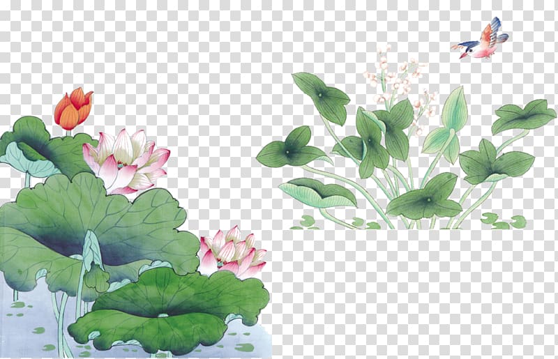 white and pink flowers illustration, Chinese painting Gongbi Ink wash painting Nelumbo nucifera, Chinese style bird material transparent background PNG clipart