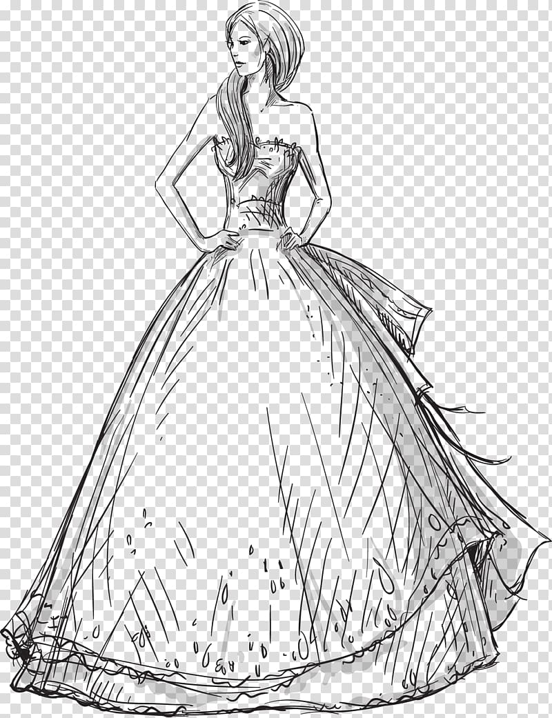 Woman wearing long gown sketch, Wedding dress Drawing Fashion, Hand ...