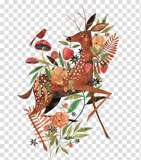 white spotted brown deer with flowers illustration, Paper Painting Illustration, deer transparent background PNG clipart