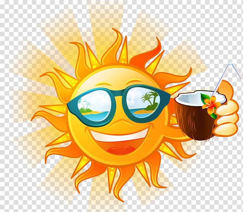 sun holding coconut drink illustration, Summer Health, sun,sunglasses transparent background PNG clipart