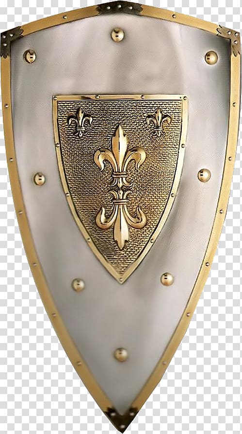 gray and gold Fleur-de-lis shield, Middle Ages Heater shield Sword Weapon, shield transparent background PNG clipart