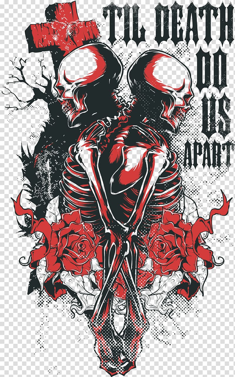 Til Death Do Us Apart skull illustration, T-shirt Clothing, Skeleton back to back printing transparent background PNG clipart