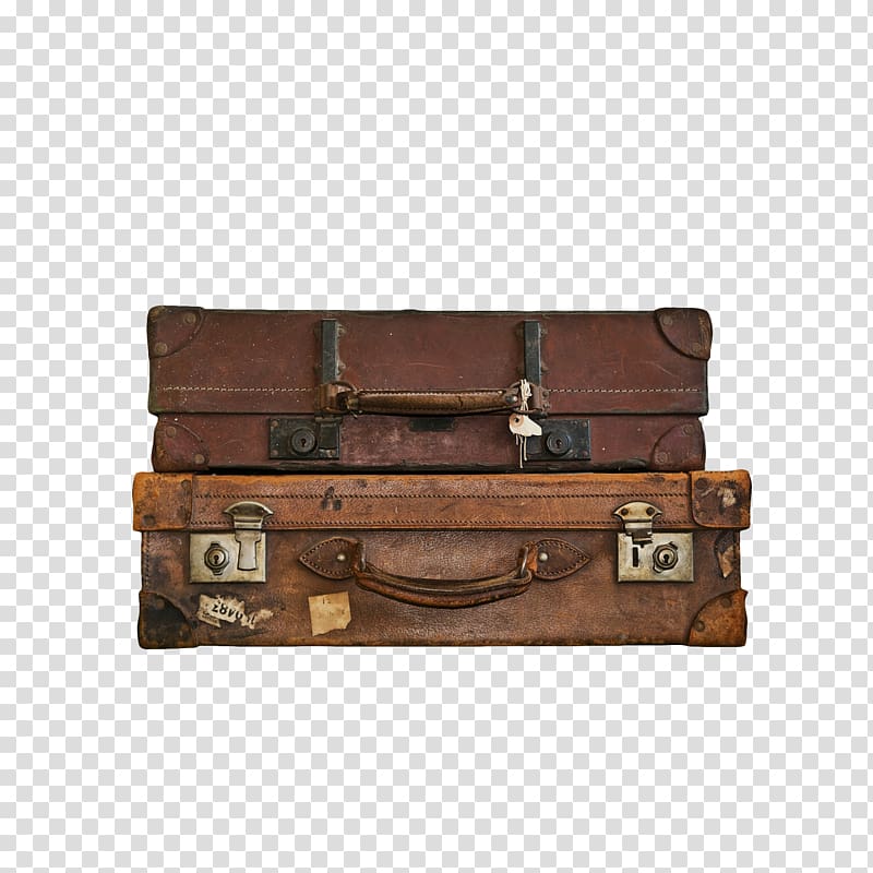 pile of two brown leather suitcases, Suitcase Baggage Alamy Leather, Old wooden toolbox transparent background PNG clipart