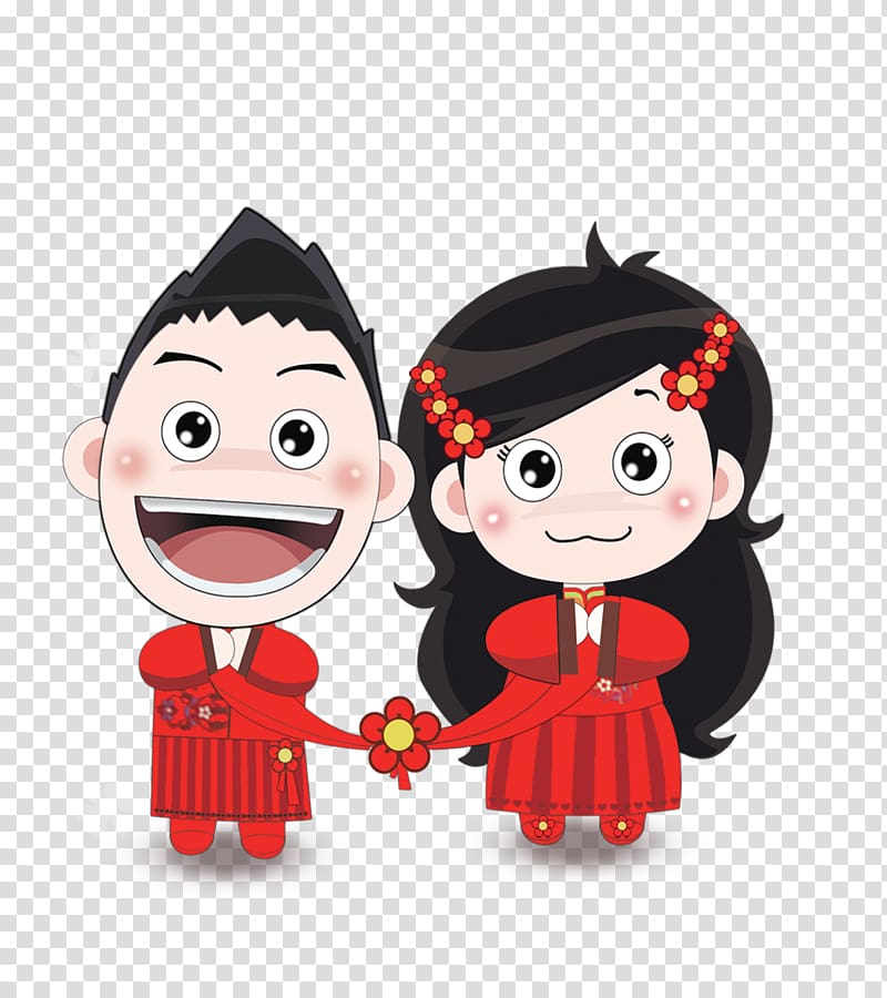 boy and girl in red dress , Chinese marriage Wedding Cartoon Bride, Cartoon bride and groom transparent background PNG clipart