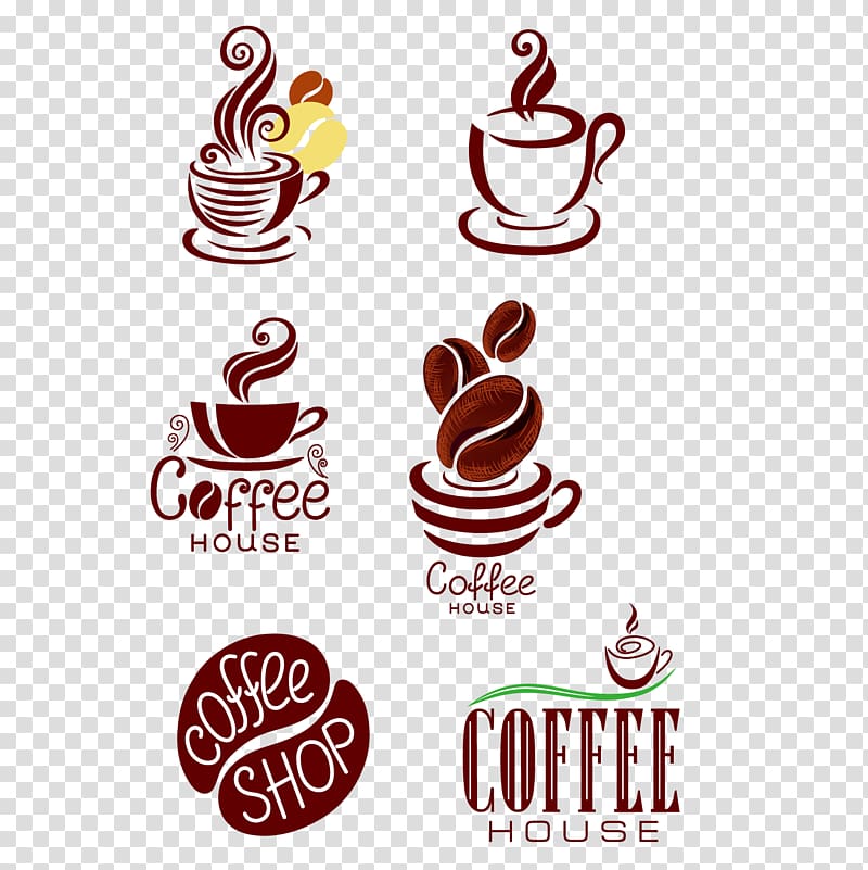 six coffee icons, Coffee Cafe Espresso Latte macchiato Tea, Coffee logo transparent background PNG clipart