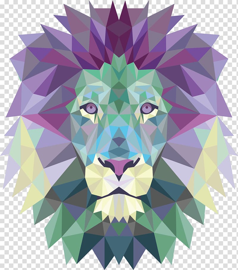 green and purple lion illustration, Lion T-shirt Geometry Poster Canvas, Three-dimensional triangle lion head decoration transparent background PNG clipart