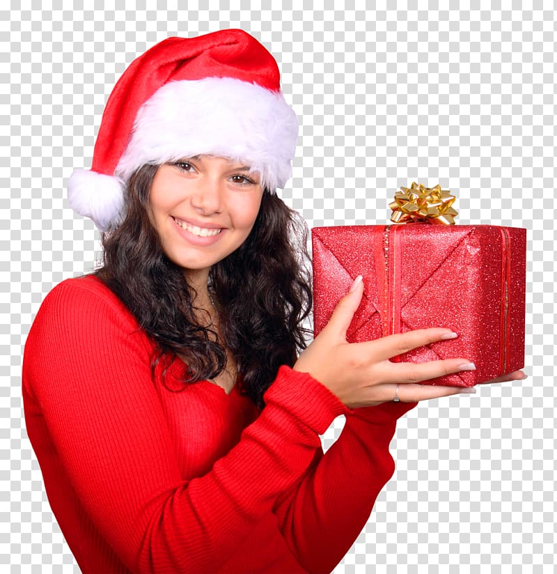 Santa Claus Christmas Gift, Girl Wearing Red Santa Claus Hat transparent background PNG clipart