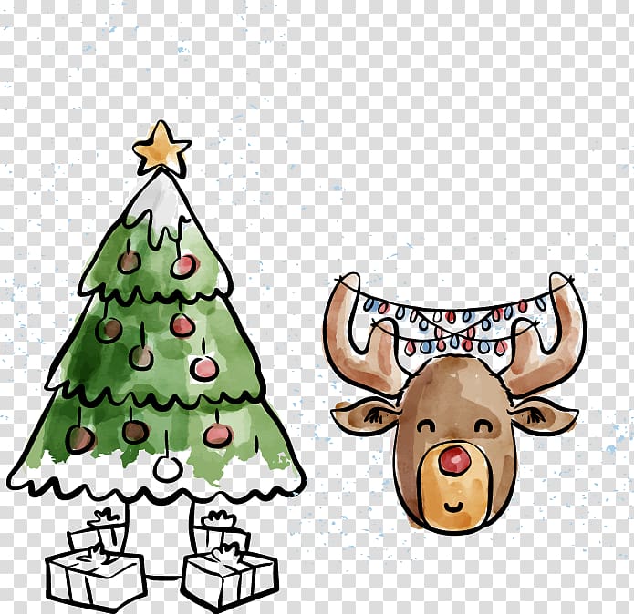 Reindeer Christmas tree, Hand-painted Christmas tree deer transparent background PNG clipart