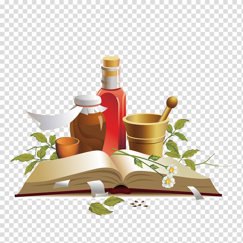opened book illustration, Traditional Chinese medicine Traditional medicine Therapy, Books and leaves the bottle transparent background PNG clipart