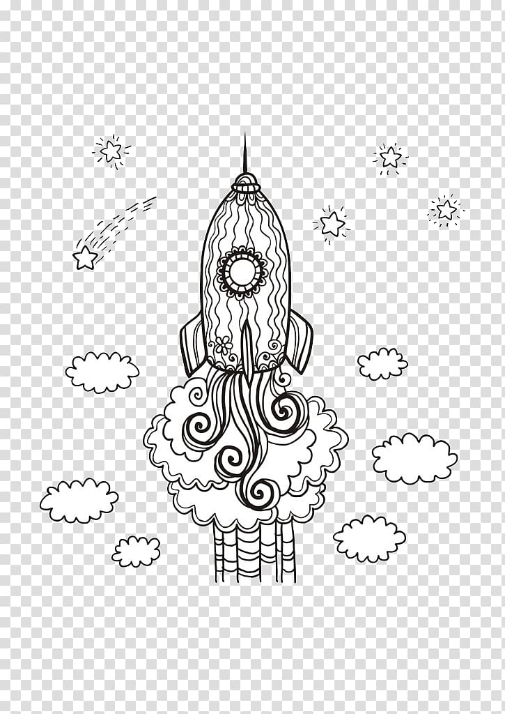 Black and white Drawing Sketch, Rocket ascension transparent background PNG clipart