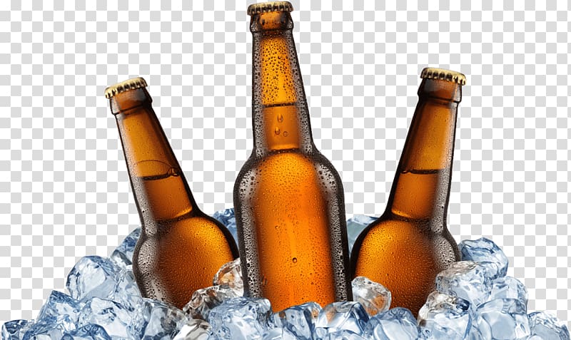 three amber glass bottles on ice cubes , Old Stump Beer Bottles on Ice transparent background PNG clipart