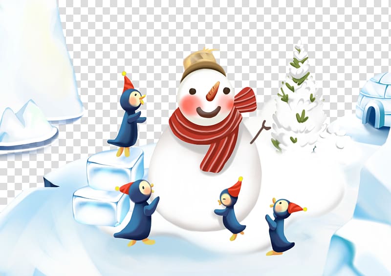 Christmas Snowman Illustration, Around four small penguin snowman transparent background PNG clipart
