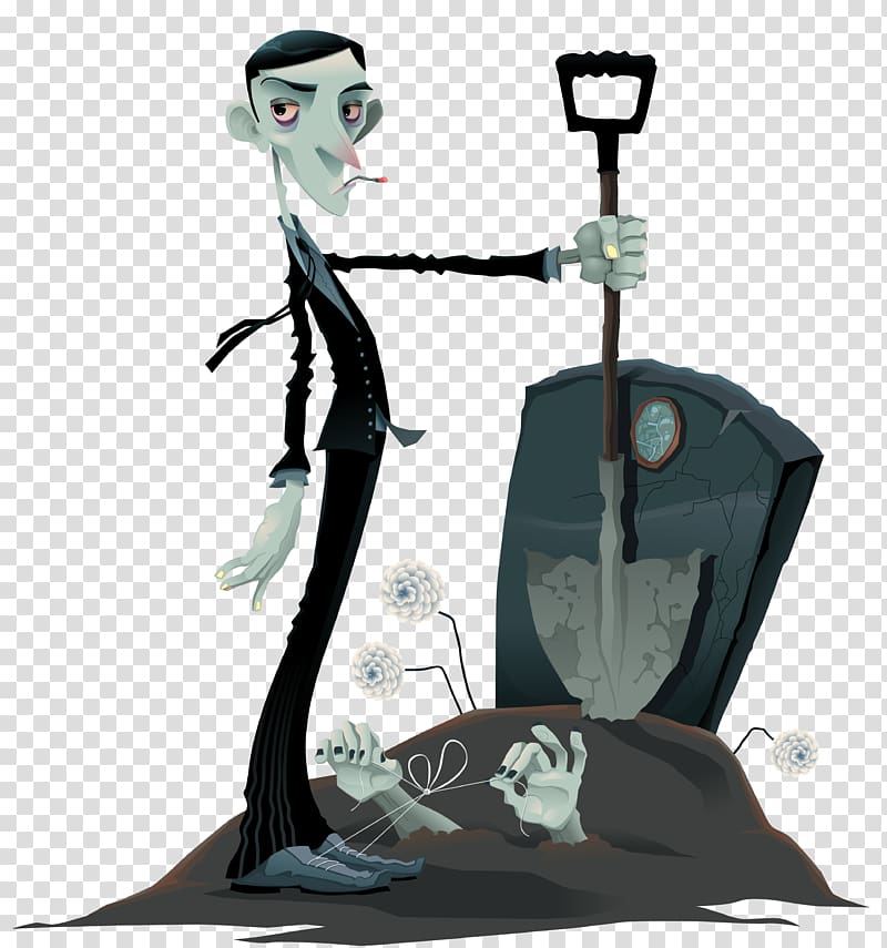 man holding shovel near tomb illustration, Cartoon Grave Illustration, Halloween Zombie and Tombstone transparent background PNG clipart
