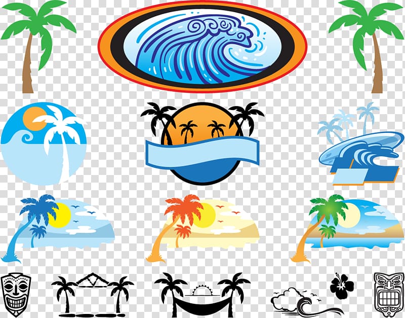 Hawaii Tiki Icon, Seaside coconut tree icons collection transparent background PNG clipart