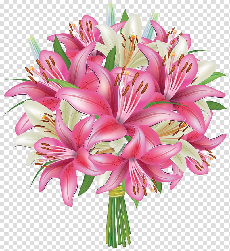 Flower bouquet Lilium , White and Pink Lilies Flowers Bouquet , pink and yellow lilies bouquet transparent background PNG clipart