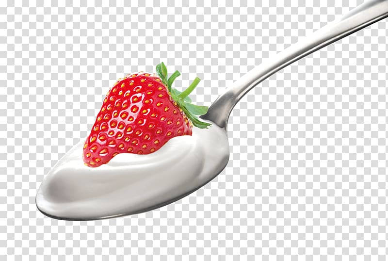 spoon of strawberry with cream, Strawberry Spoon Milk Yoghurt Cream, yogurt transparent background PNG clipart