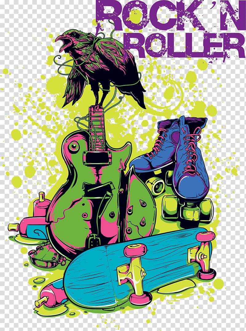 multicolored Rock 'n Roller illustration, T-shirt Heat press Chaotic Vibes Orchestra Jacket Cotton, Birds Guitar printing transparent background PNG clipart